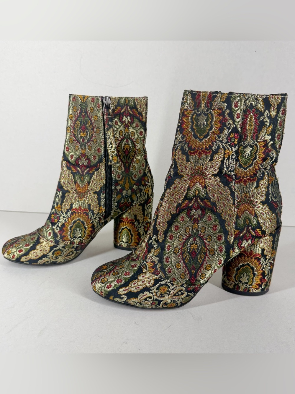 TOPSHOP Jacquard Tapestry Ankle Boots Block Heel Side Zip w/ Gold Green Red